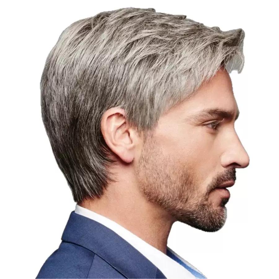 Men's Short Wig, Silver Gray Synthetic Hairpiece for Daily & Formal Wear