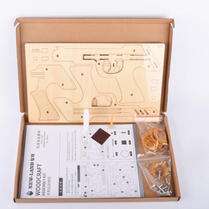 Laser Cutting DIY 3D Wooden Puzzle  Assembly Kit Running  Rubber Band Gun for Child Gift