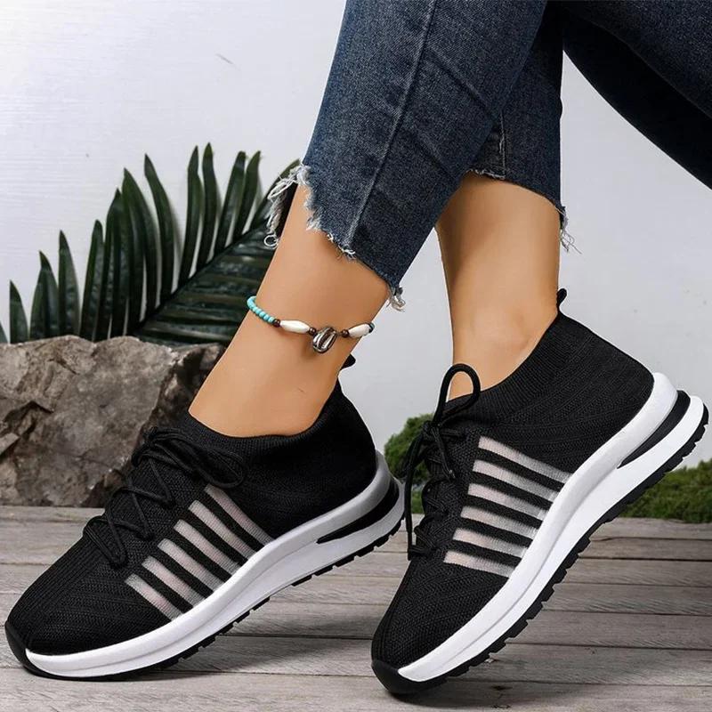 Fashion Black Breathable Mesh Sneakers Shoes Women Spring Autumn Comfortable Lace-Up Shoes Women Striped Lightweight Female Sports Shoes
