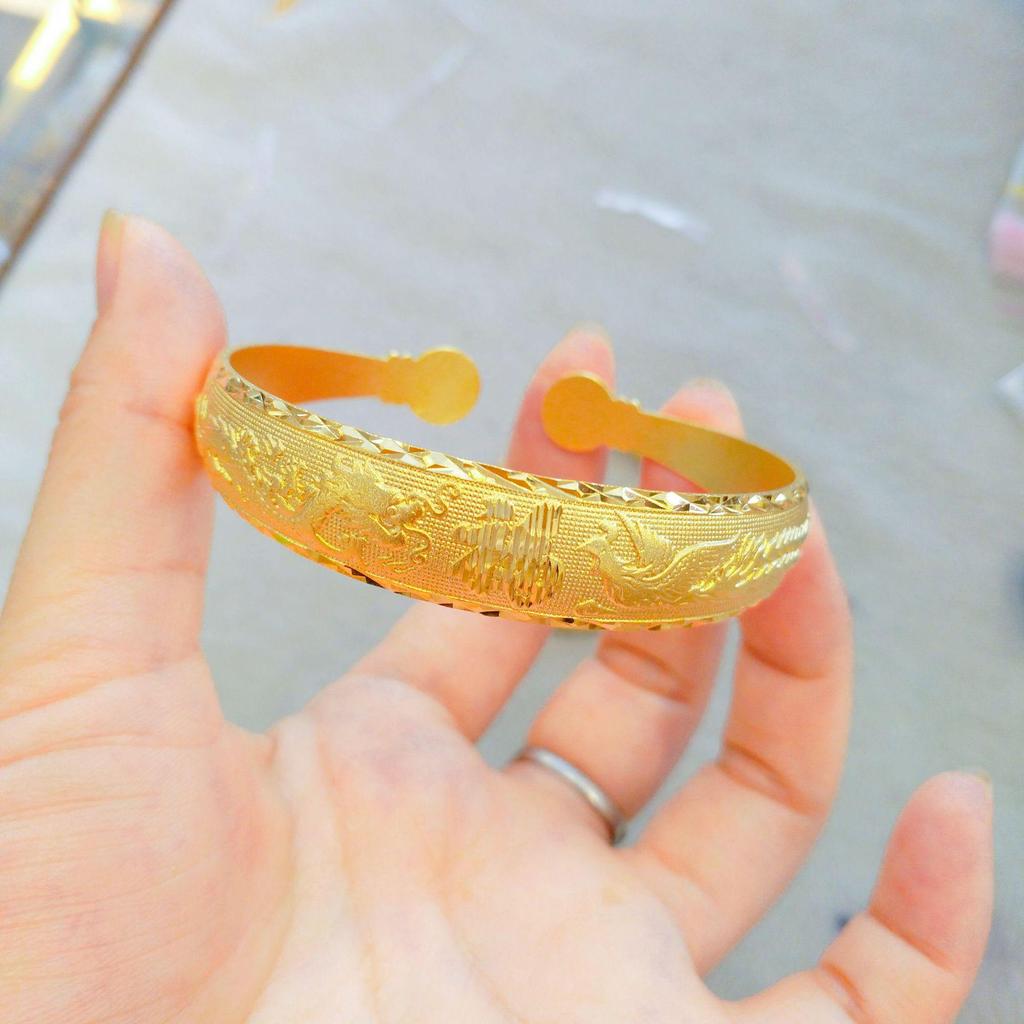 Vietnamese Sand Gold Dragon & Phoenix Open Bangle: Brass Gold-Plated, Symbolizing Auspiciousness for Women