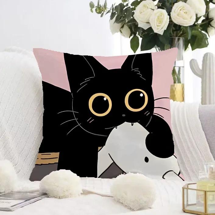 Cute Black Cat Double-sided Printed pillow cover Short plush Suitable living rooms bedrooms sofas throw cushion cover