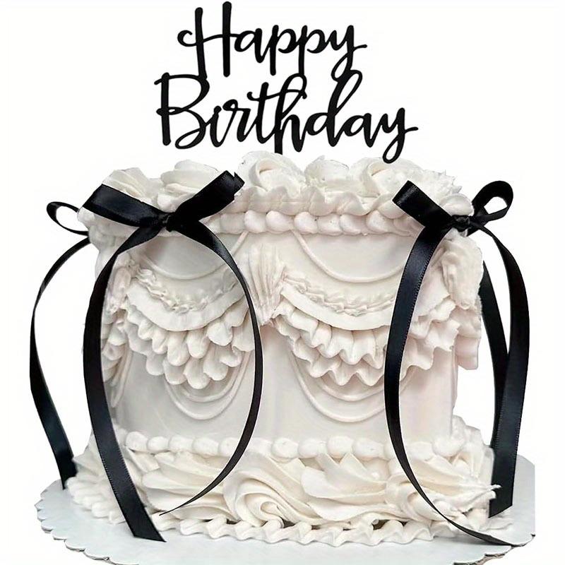 Kokette Vintage Tortenfigur – Schleife & Band mit Happy Birthday Schild, Schwarze Deko für Herztorten & Vintage Party-Torten