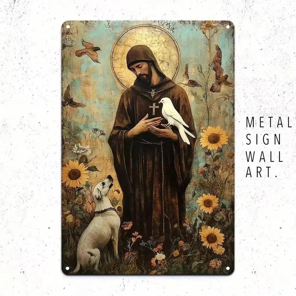 

2D Роспись по жести ALUMDIVINE Святой Франциск Религиозная Настенная Табличка - Дизайн с Животными Рустикальное Христианское Искусство 20x30cm