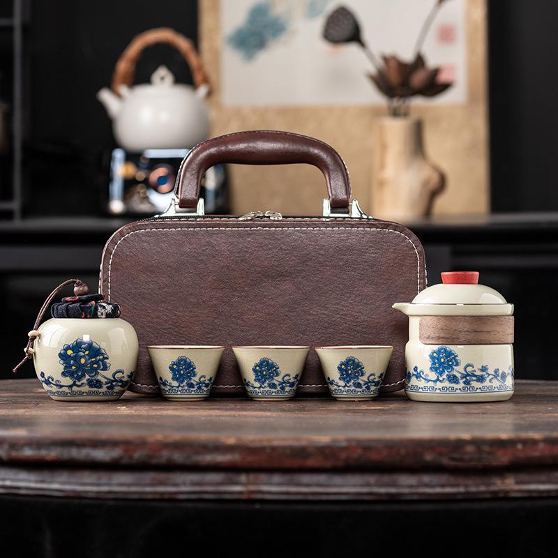 Outdoor Portable One Pot Three Cups Kung Fu Brewing Teapot Teacup Ru Kiln Travel Tea Set Gift Set