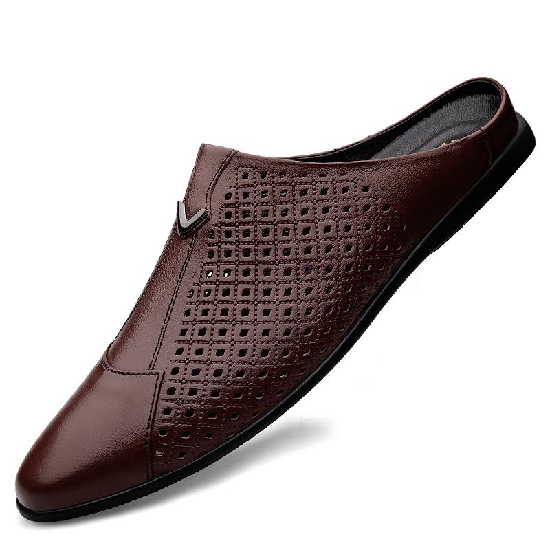 Fashion Italian Mens Slippers Genuine Leather Muller Shoes Men Loafers Outdoor Non-slip Black Casual Half Slipper Men Fashion Shoes Man
