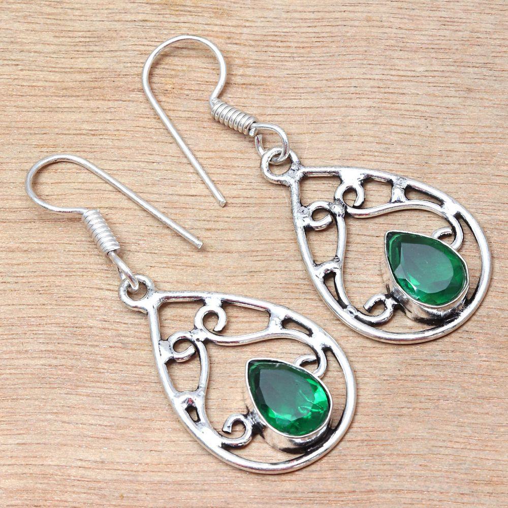 Pendientes de Joyería de Plata Hecha a Mano con Gema de Cuarzo Esmeralda 1.5''