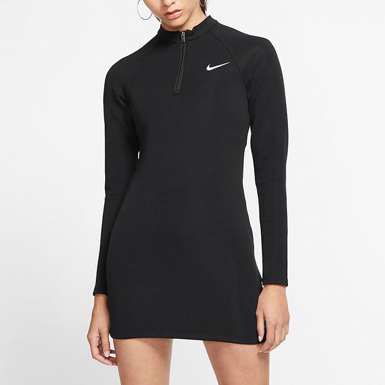 Nike Half Zip Pullover Sports Long Sleeve Dress Women Dresses Black CJ6349-010