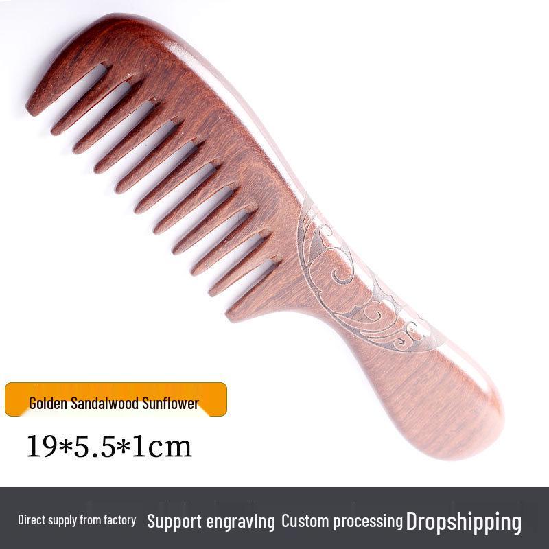 Golden Sandalwood Comb: Souvenir with Text Pattern, Thick Wooden Handle, Hairdressing Meridian Gift
