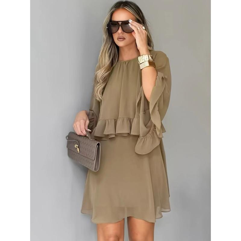 Womens Loose Ruffled Long Sleeve A Line Dress Casual