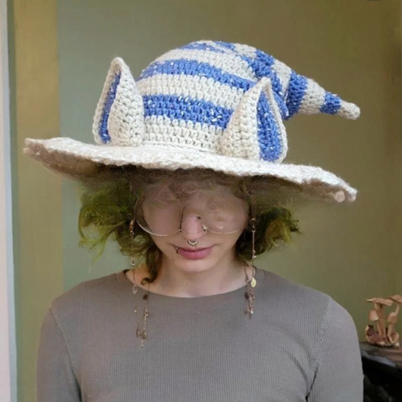 Striped Witch Hat with Rabbit Ears Unique Knit Cap for Halloween Dress Up Costume Cosplay Props Ornament