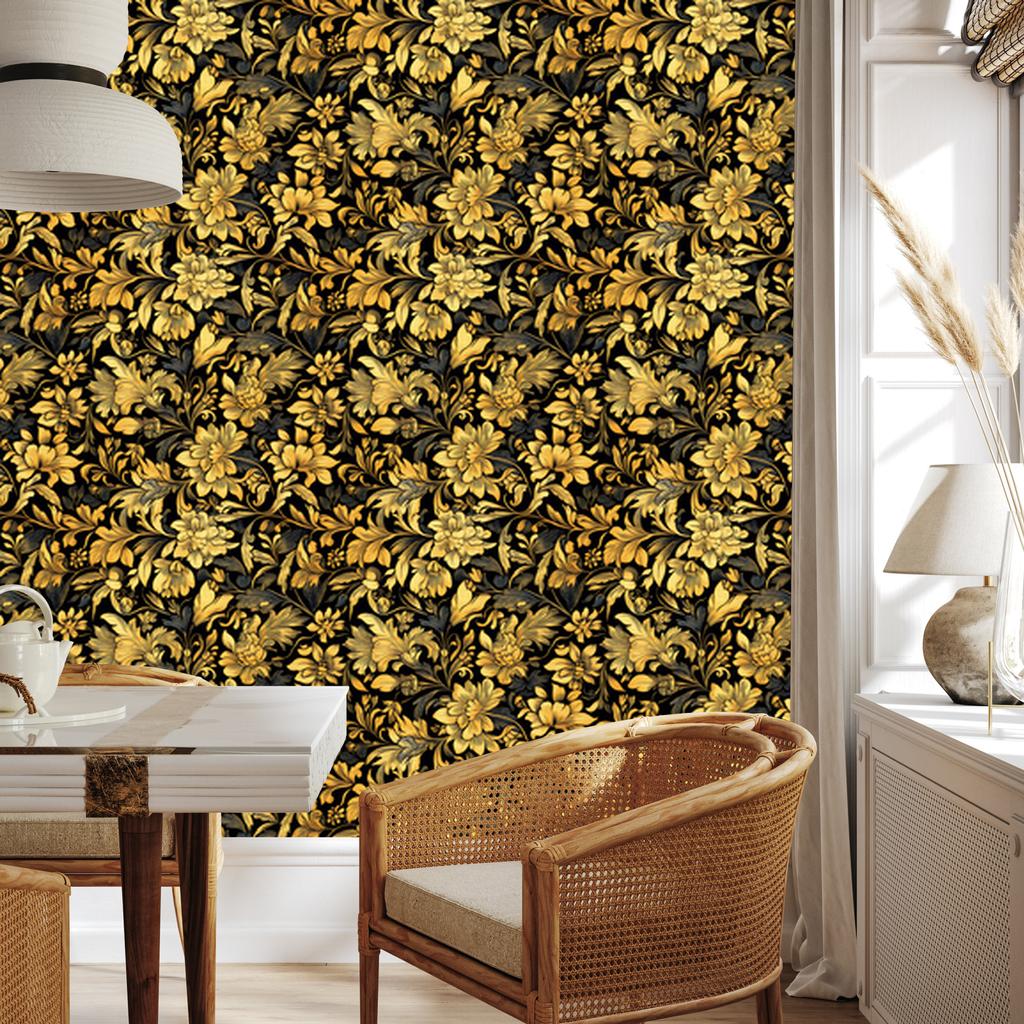 Golden Hibiscus Ochre Wallpaper, Fine Detail for Living Room and Bedroom 50x1000