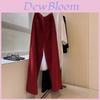 Casual Red Cotton Wide Leg Pants With High Waist And Pockets For Women Autumn