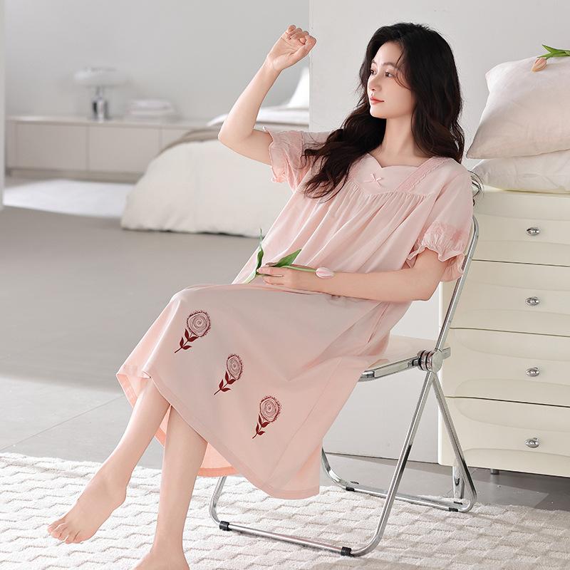 1011 neues Nachthemd Damen Sommer Dünne Baumwolle Kurzarm Sommer Pyjama Große Größen Lässig und Bequem Loungewear