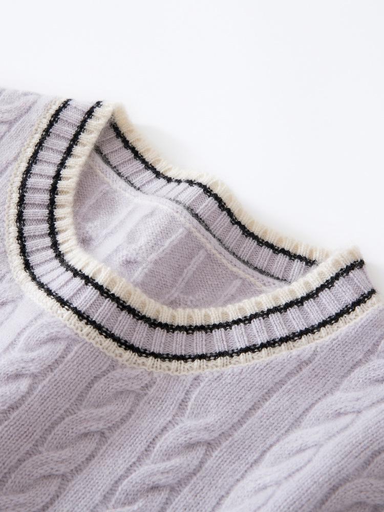 Women's Color Block Cashmere Short-Sleeve Round Neck Knit Pullover