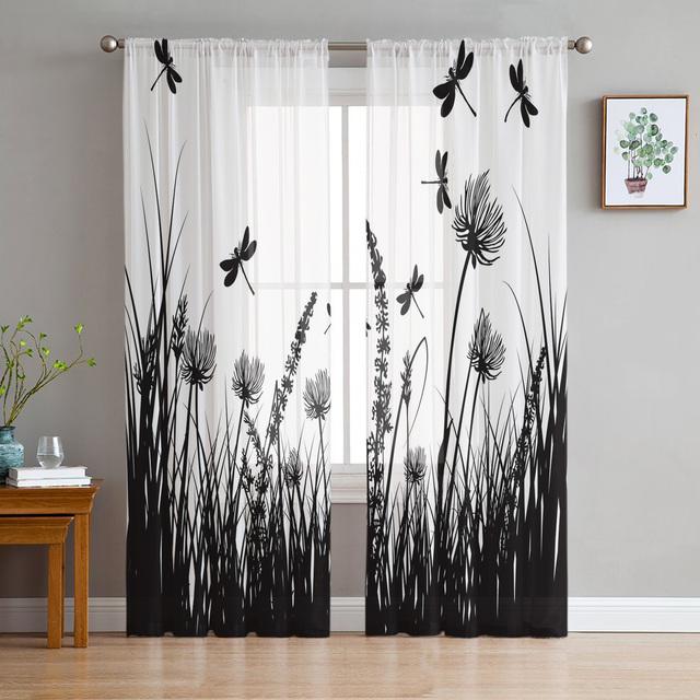 Dragonfly Flowers Sheer Curtain For Living Room Voile For Window Blinds Bedroom Tulle Drape Kitchen Cortinas Hall Curtains