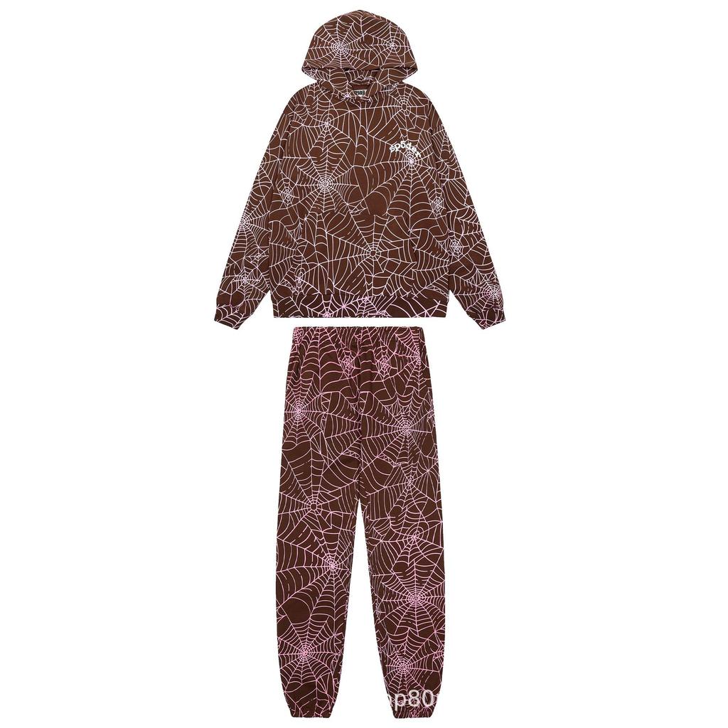 Sp5der Americká sada s kapucí a tepláky s potiskem pavučiny 5555
