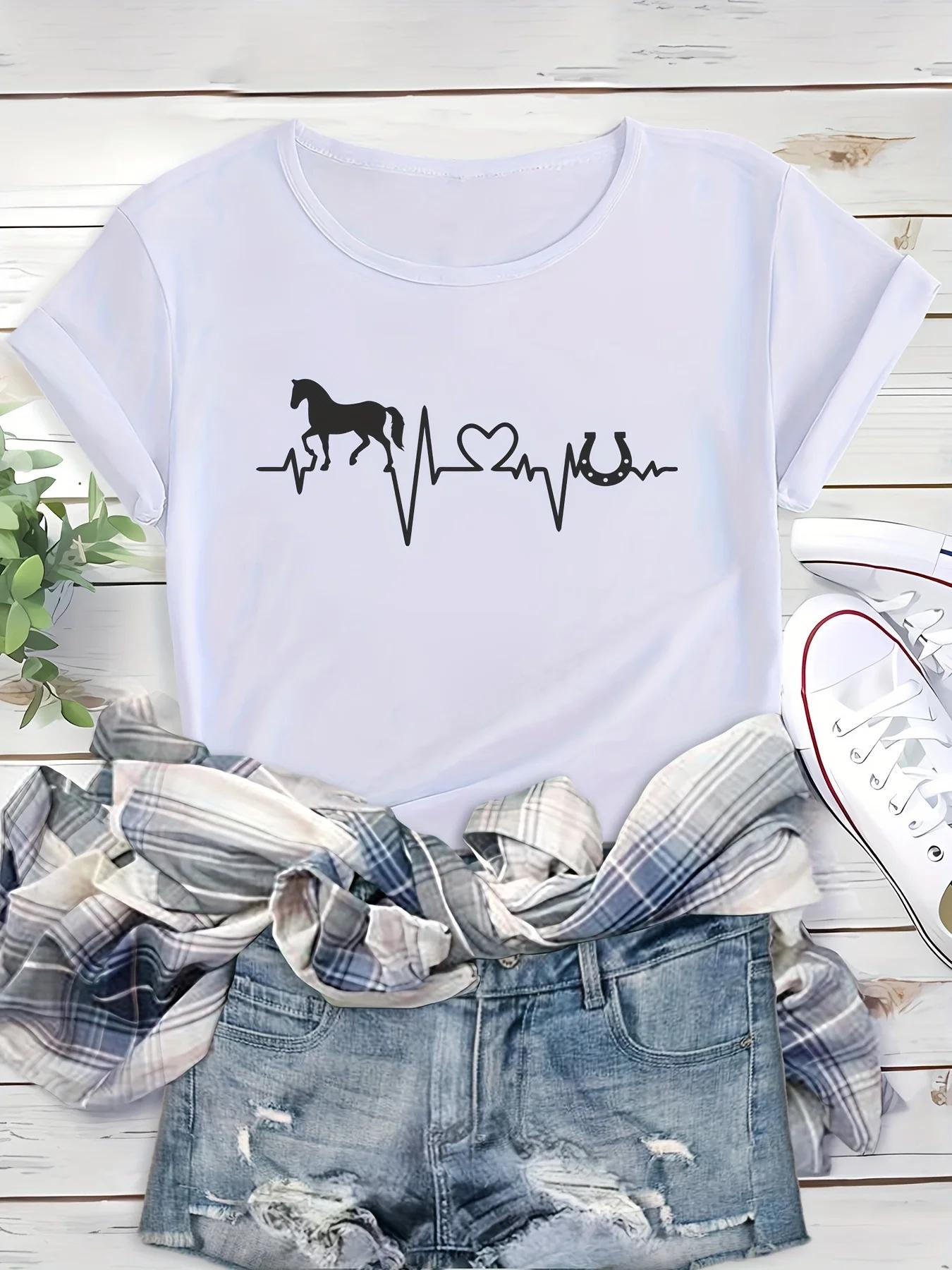 

Унисекс День святого Валентина Лошадь и сердце Буква Принт Круглый вырез Женская короткая рукав Спортивная футболка Винтажная женская одежда 4XL