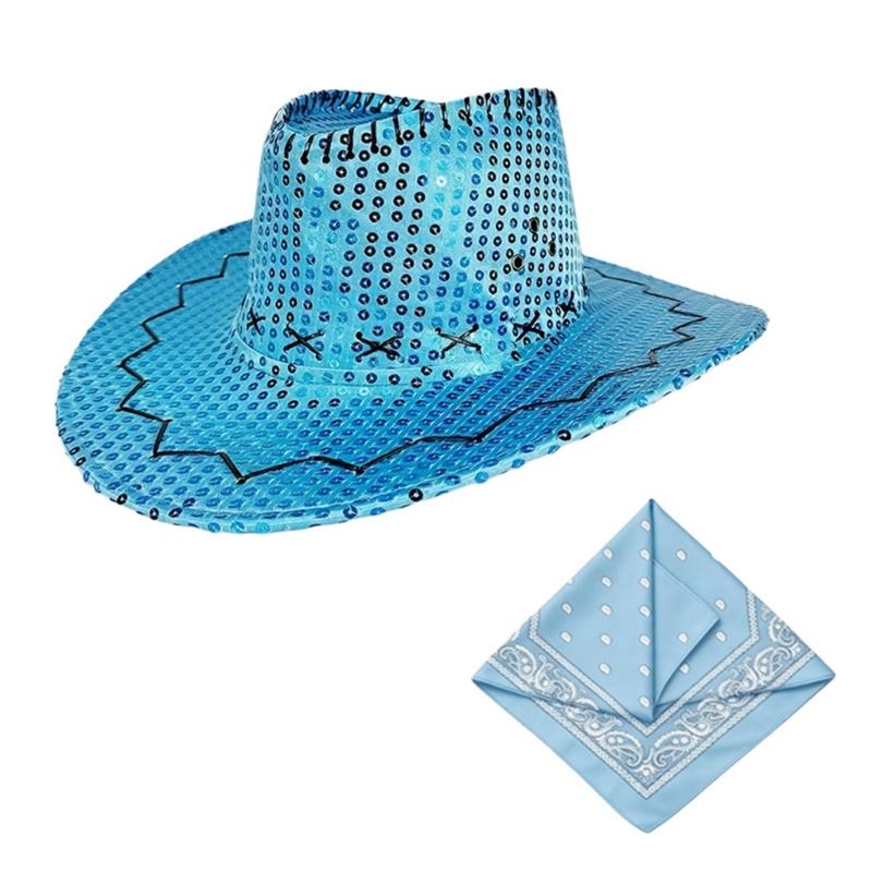 Gold Sequins Western Cowgirls Hat with Bandana Costume Set For Parties And Theme Event With Comfortable Acrylic Fabric