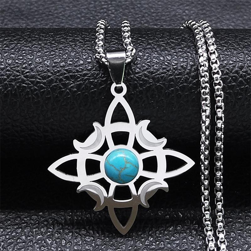 Celtic Knot Triple Moon Muse Necklace Stainless Steel Natural Stone Witch Amulet Necklace Jewelry