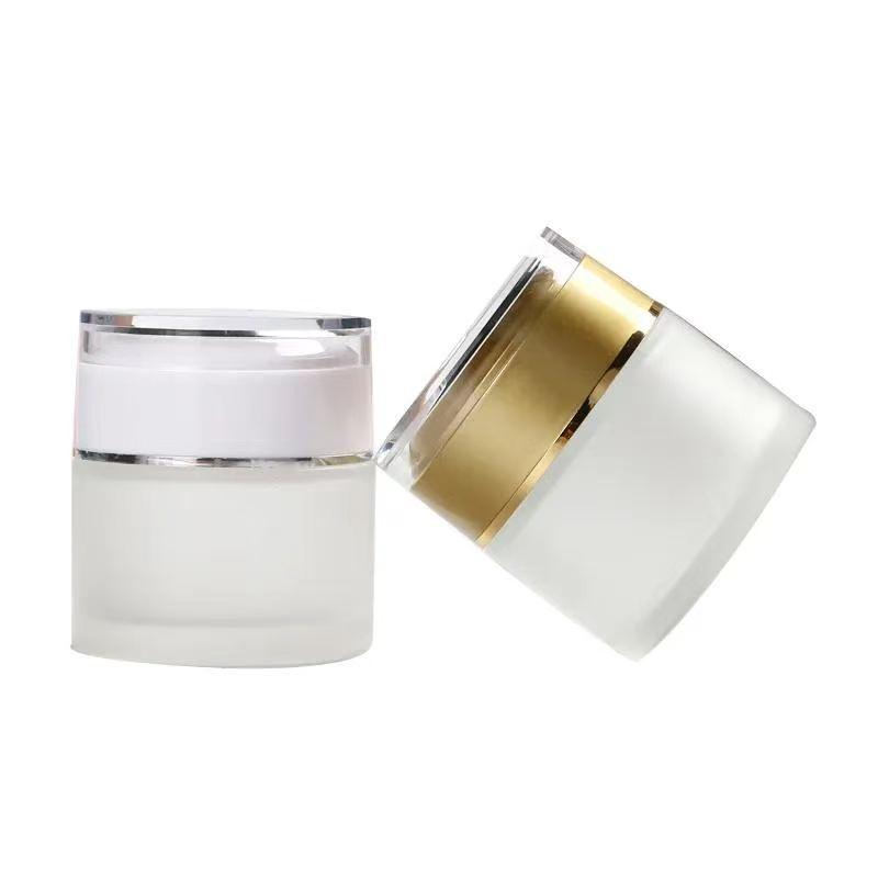 Acrylic Frosted Glass Cream Jar with Gold Rim Lid - Available in 15g, 20g, 30g, 50g Sizes - Travel Size Cosmetic Bottles