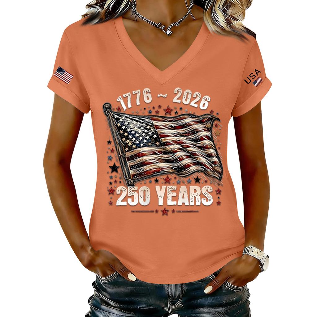 Modisches Damen-T-Shirt mit V-Ausschnitt, lässig, im Retro-Print, kurzärmelig