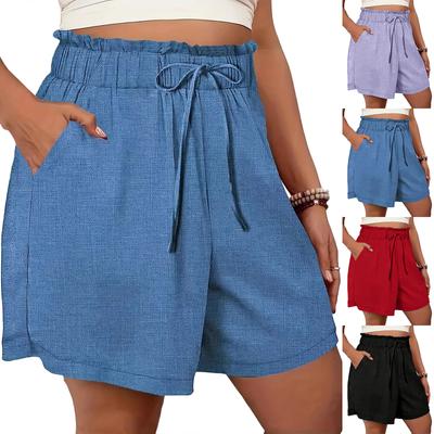Shorts Feminino Casual Verão Cor Cordão Praia Soltos Bolso Shorts