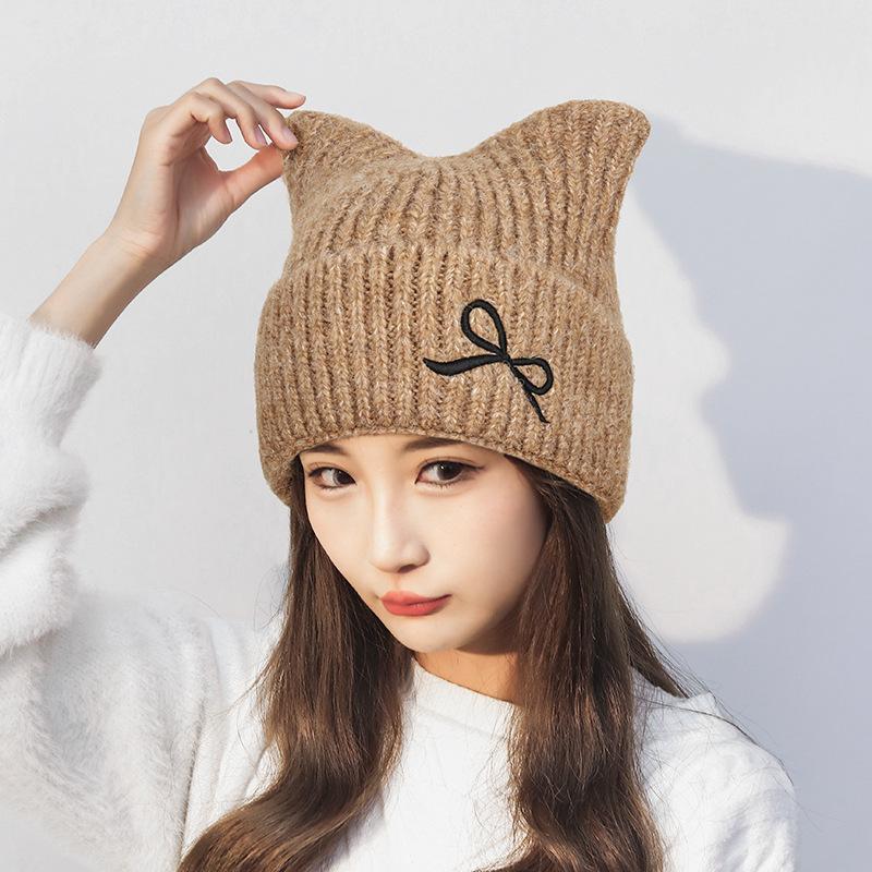 Winter Bow Cat Ear Knitted Wool Hat Women's Warm Ear Protection Hat