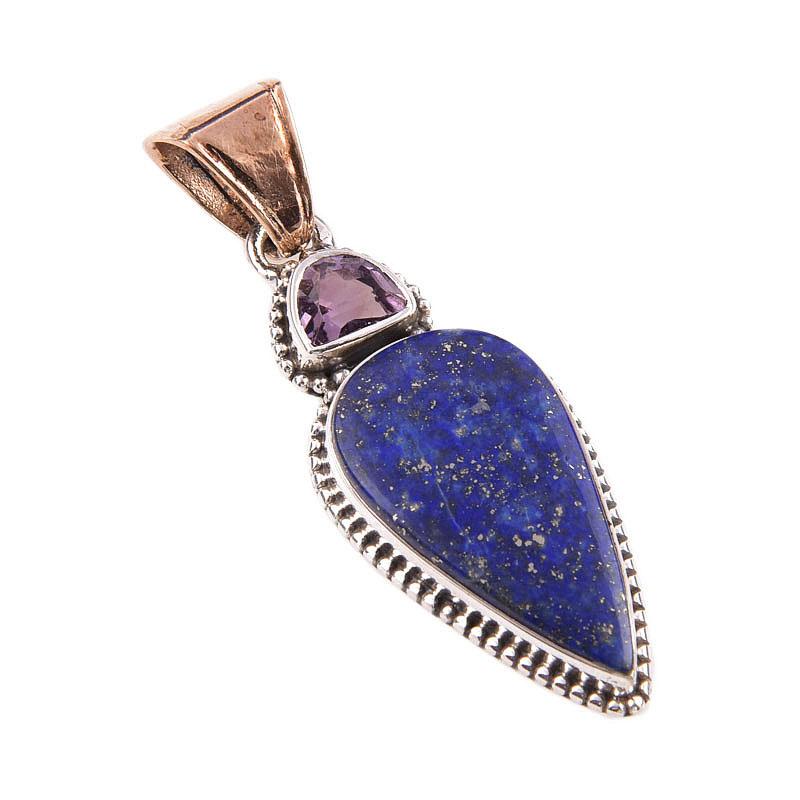 Natural Lapis Lazuli,Pink Amethyst 925 Solid Sterling Silver Pendant 2" h1S58