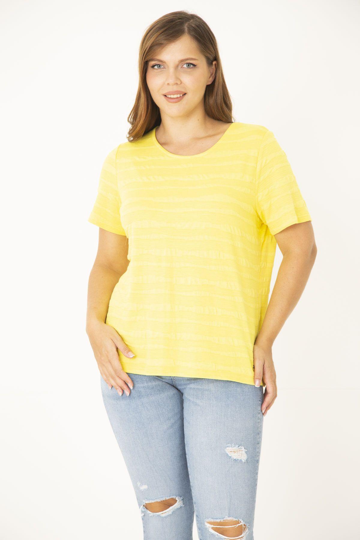 

Women s Big Size Blouse Plus Size Yellow Crew Neck Self-Patterned Blouse L