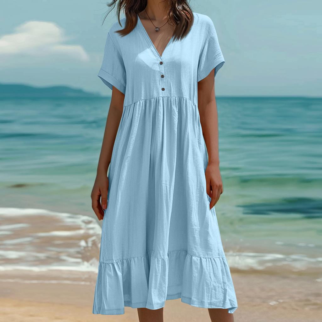 Omens Mode Farbe Kurzarm Baumwolle Leinen Patchwork Faltenkleid