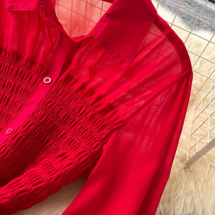 Women's Casual Dresses - Spring Autumn Women Vintage Draped Long Maxi Dress A Line Single Breasted Long Sleeve Turn Down Collar Red Green Purple