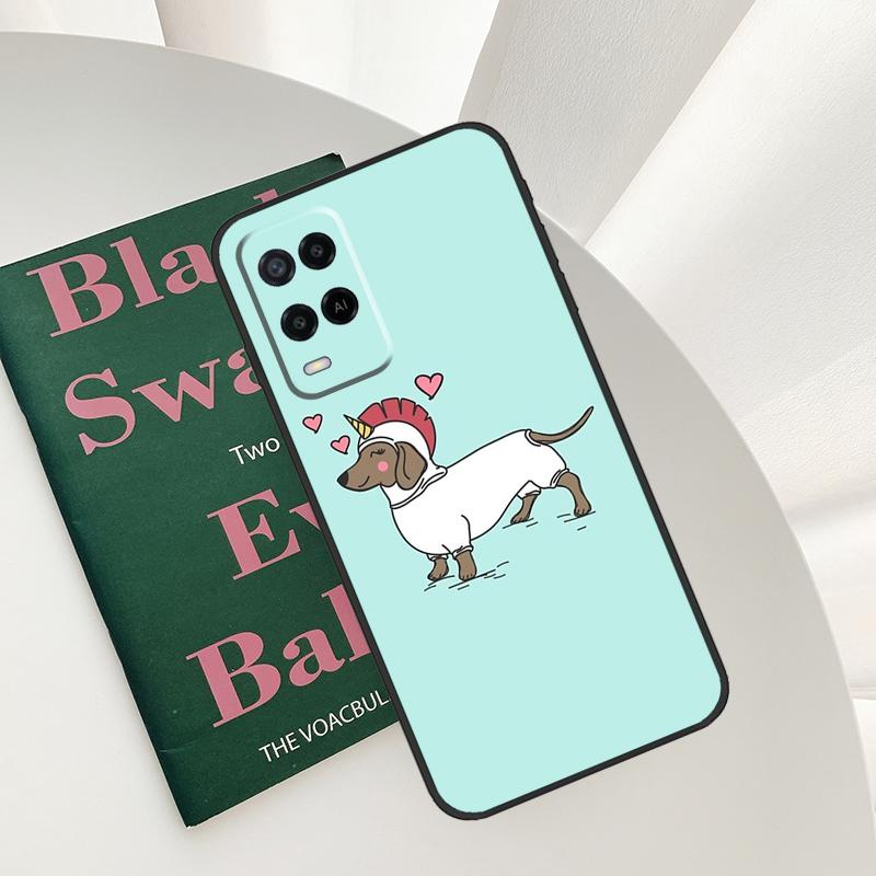Cartoon Dachshund Sausage Dog Case For Oppo A58 A78 A98 A15 A16 A17 A52 A72 A76 A96 A54 A74 A94 A57 A77 A54S A57S Cover