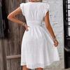 Summer Women V-Neck Beach Dress Flare Sleeve Solid Color Hollow Lace Waist Dress Casual Beach Holiday Dresses