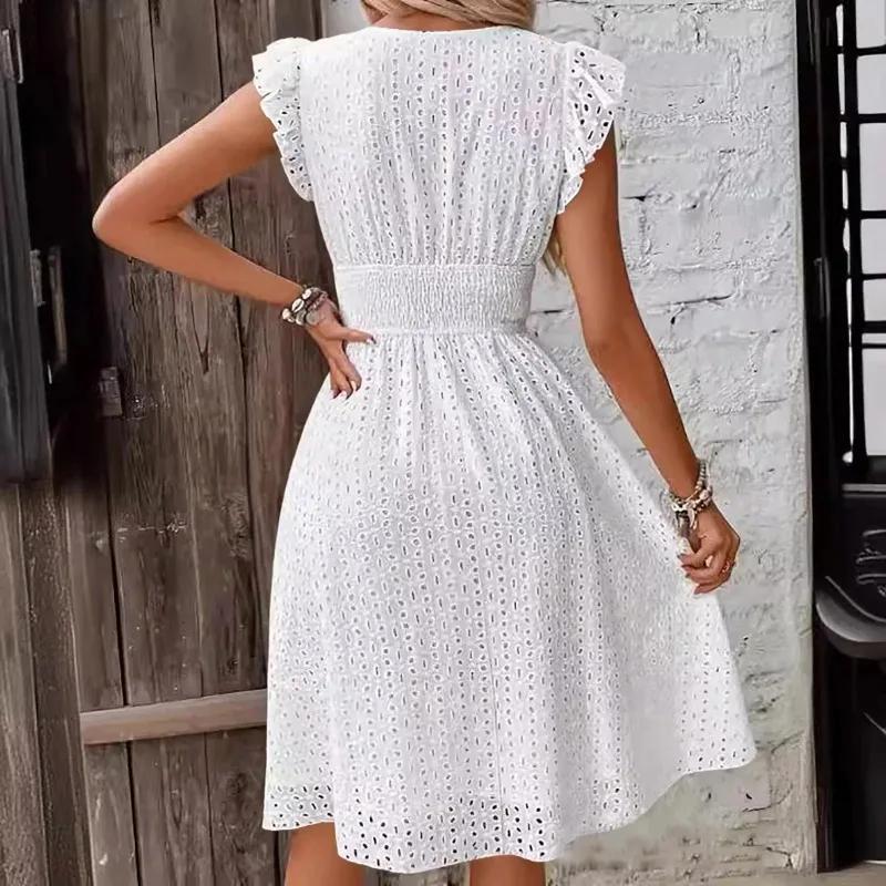 Summer Women V-Neck Beach Dress Flare Sleeve Solid Color Hollow Lace Waist Dress Casual Beach Holiday Dresses