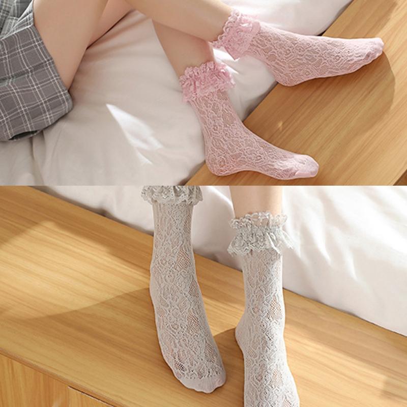 Girl Lace Mesh Socks Ankle Socks Women Fishnet Stockings Ruffle Ankle Socks for Lady Female Hollow Lolita Socks