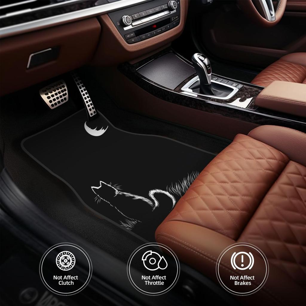 Asamike Light Car Floor Set of Black Cat Car Floor Mats for 2 Front and 2 Fully Easy Suitable for All Seasons Mats, 4, Pattern, Light/Standard Cars,