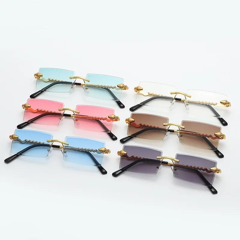 Women Rimless Rectangular Sunglasses Trendy Twisted Snake Leg Gradient Shades for Men Luxury Fashion Anti-UV Eyewear