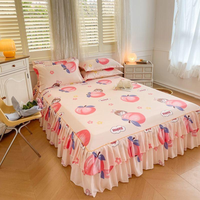 Floral Pattern Bed Skirt Set Mattress Anti Slip Protective Cover for Household Bedding Double Layered Skirt Dustproof Bed Cover