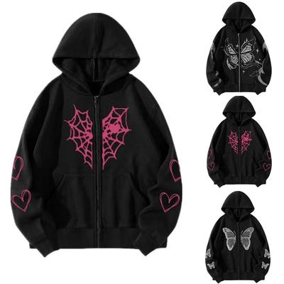 Women's Hooded Long Sleeve Zip Up Hoodie Loose Fit Streetwear Butterfly Spider Web Print Sweatshirt Jacket