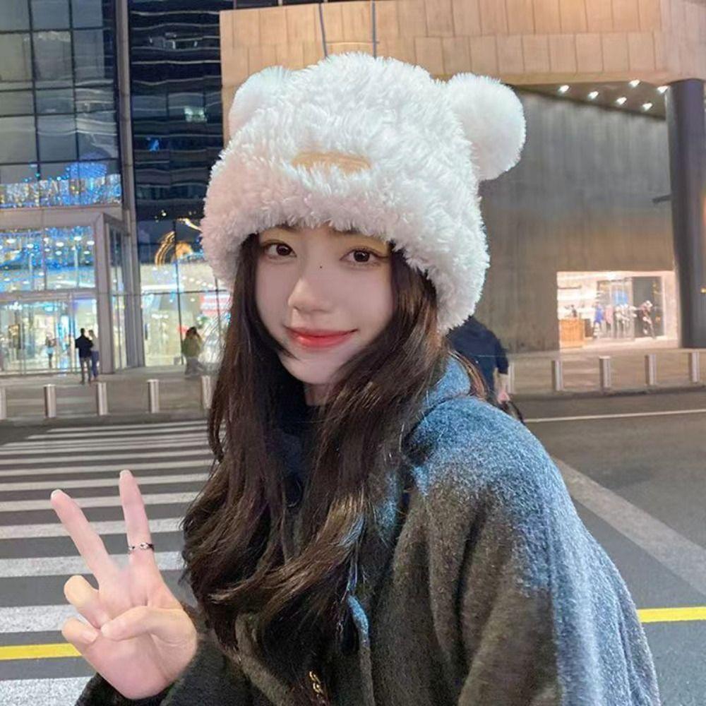 Korean Style Fluffy Beanie Hat Soft Plush Pullover Hats Ski Caps Bear Plush Hat  Autumn and Winter