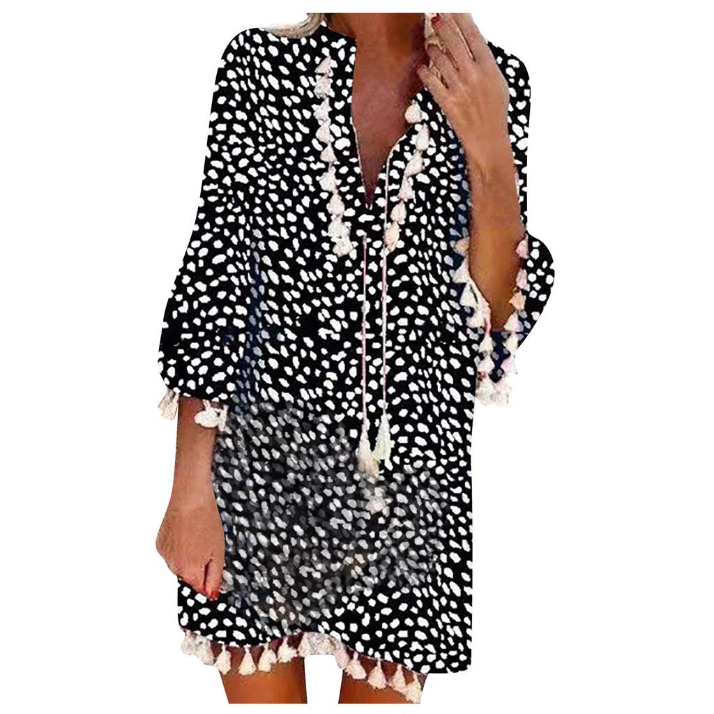 Women Three-quarter Sleeve Boho Polka Dot Printed Dress Tassel V-neck Dress