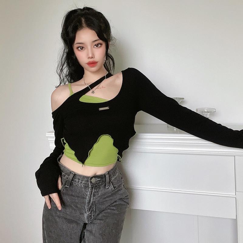 Y2k Vintage T-shirt Grunge Tie Dye Crop Tops 2-piece Women Casual Camis T-shirt Streetwear Long Sleeve Lace Up Tee Top