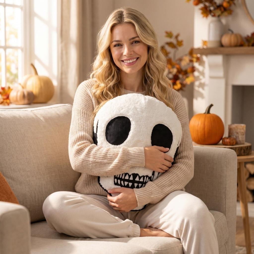 40CM Skull Shaped Plush Pillow Soft Stuffed Cushion Decorative Halloween Skull Head Plush Toy for Home Office Car Sofa