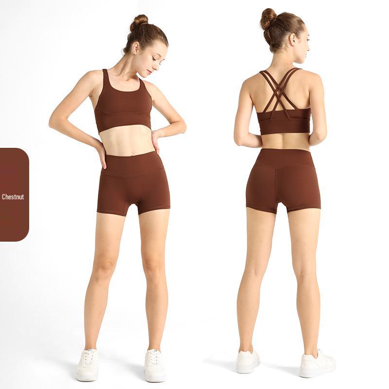 

Горячий нюдовый комплект для йоги из двух частей с перекрестной спинкой - Сексуальные летние шорты XL