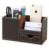KINGFOM PU Leather Desk Stationery Organizer with Storage Remote Control and Small Drawer Box, Pen/Pencil Stand, Holder, (Brown)