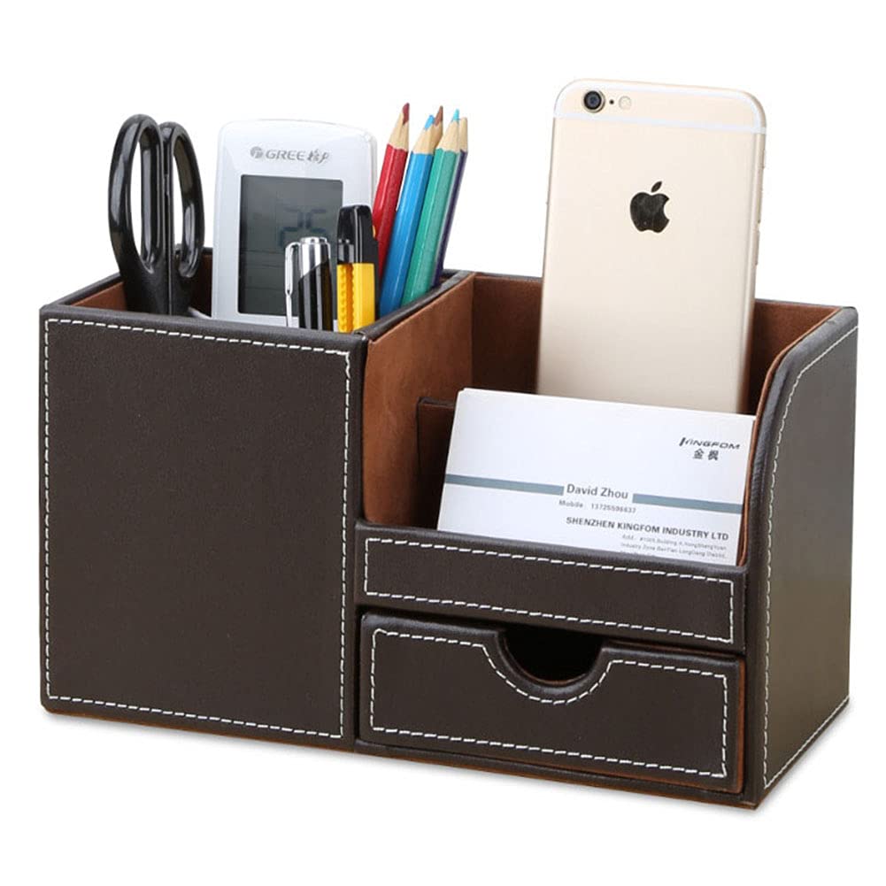 KINGFOM PU Leather Desk Stationery Organizer with Storage Remote Control and Small Drawer Box, Pen/Pencil Stand, Holder, (Brown)