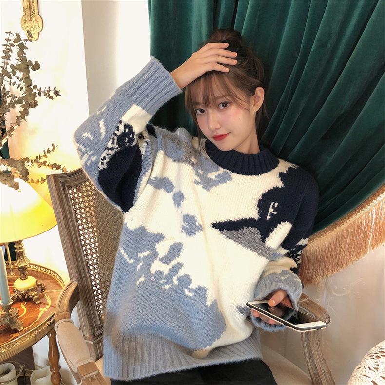 Sweet Blue Sky and White Clouds Top Bottoming Shirt Autumn and Winter Knitted Sweater Women