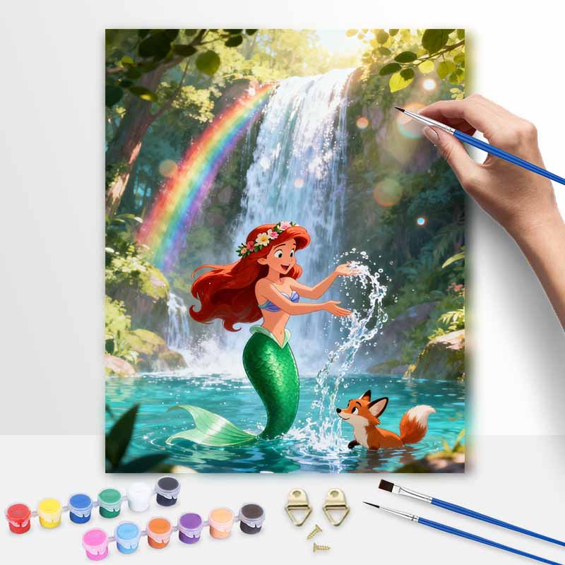 Disney digital oil painting diy oil painting mermaid rainbow waterfall hand painting living room bedroom decoration painting 20x30cm
