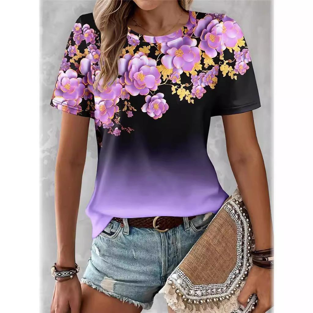 Summer New Flower 3D Printed Casual Round Neck Loose Women's Short Sleeved Top T-shirt