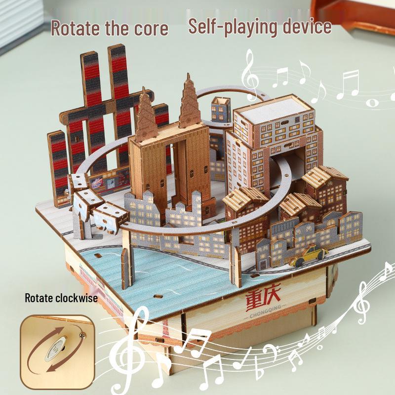 Landmark City Rotating Wooden Music Box DIY Birthday Gift